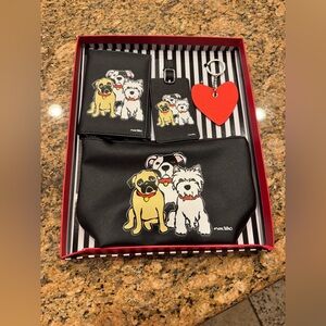 Marc Tetro Travel Accessory Set Black Dog Print Pouch Passport Tag Keychain NEW